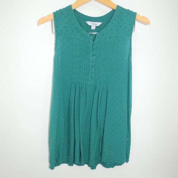 Great Northwest Indigo Green Sleeveless Pintuck Blouse M | Dobby Dot Boho Top - Picture 1 of 7
